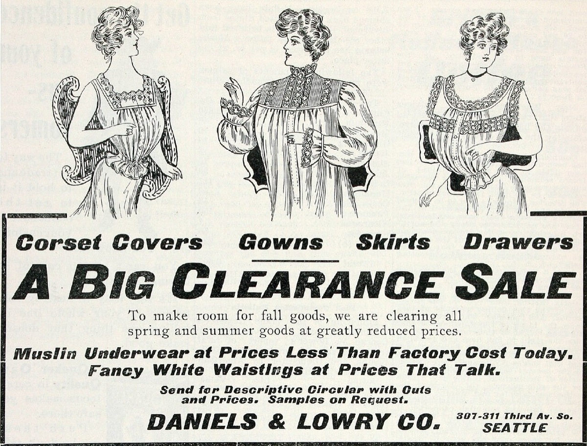 1907 newspaper advertisement for a big clearance sale on corset covers, gowns, skirts and drawers, clearing summer goods to make room for fall