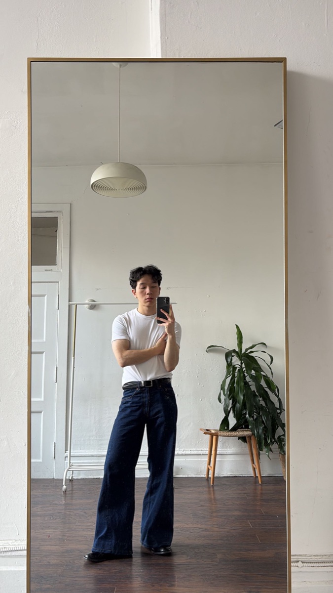 Mirror selfie of a person in a white T-shirt and dark rinse wide-leg jeans with a black belt, white room, pendant lamp, potted plant
