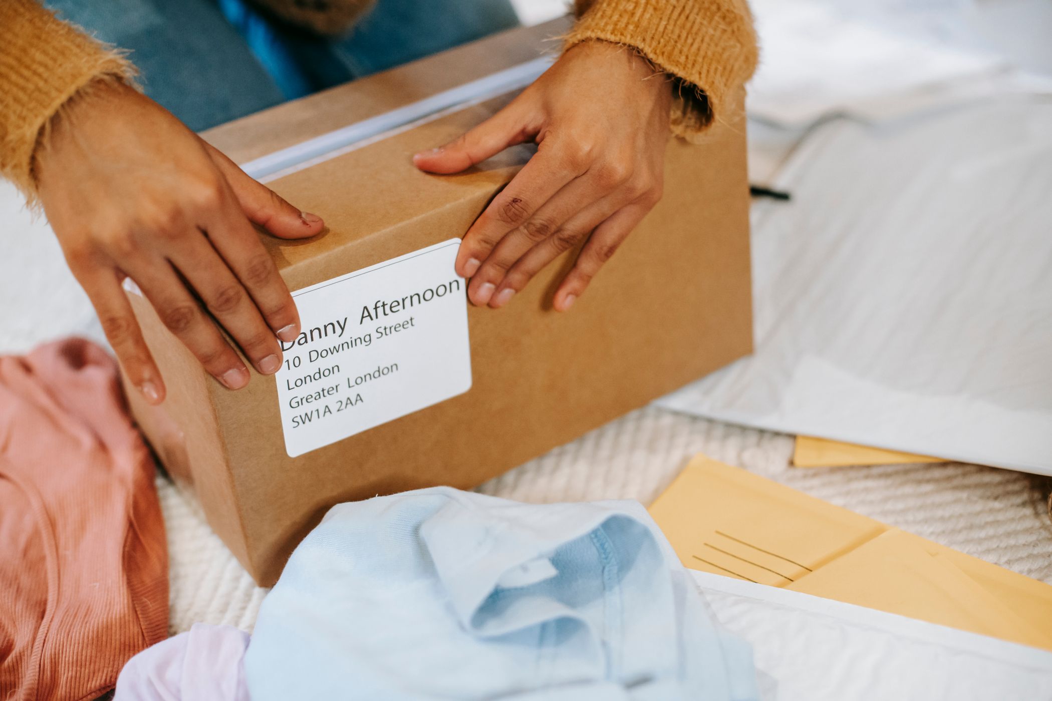 Hands sealing a cardboard box with a printed address label, folded shirts and mailing envelopes spread around it
