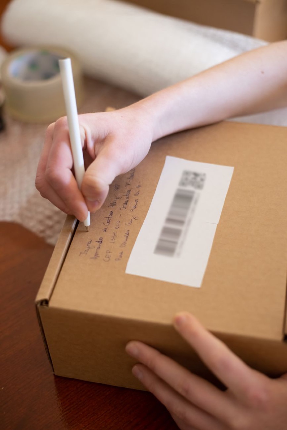 A hand writing an address in pencil on the lid of a small cardboard box next to a printed barcode label