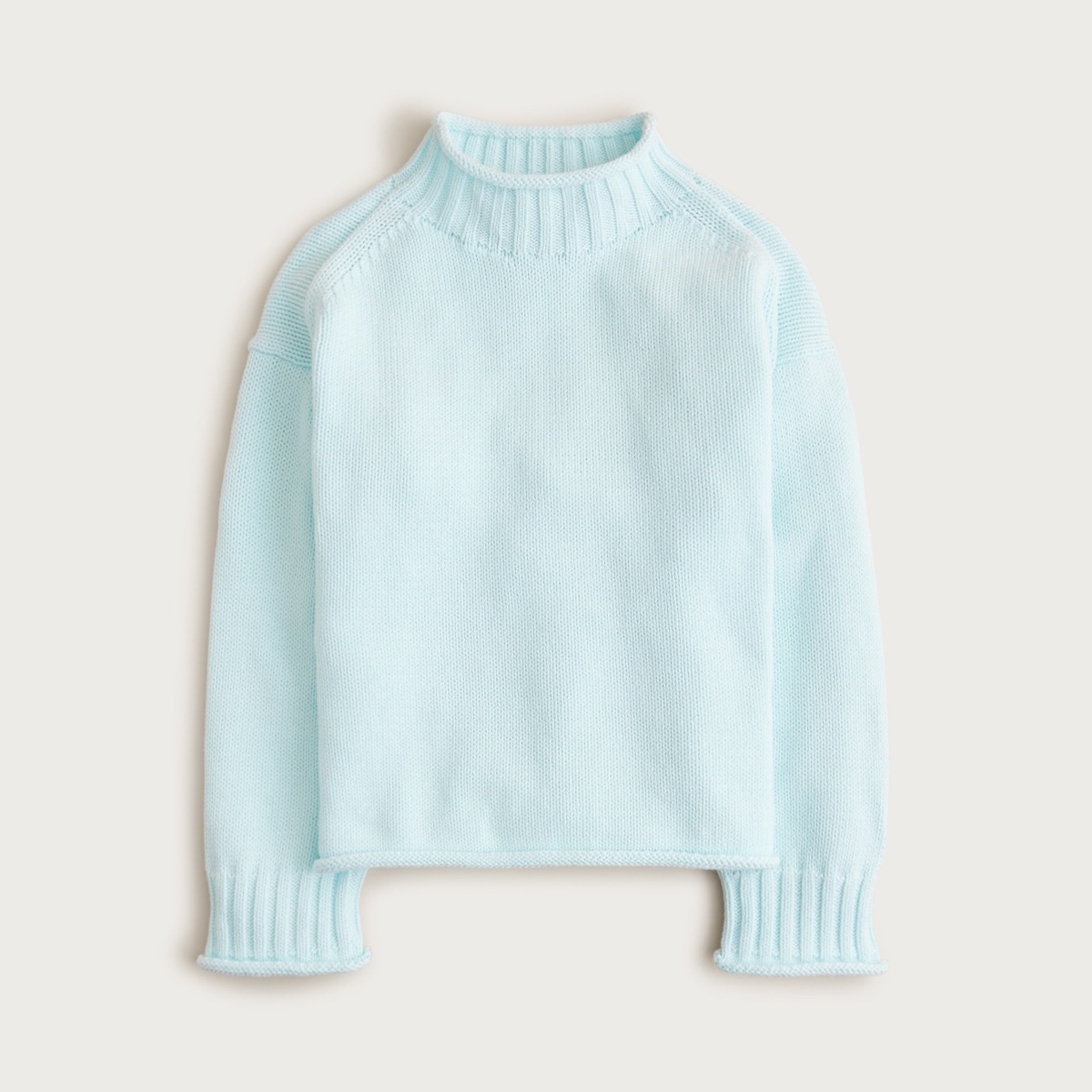 J.Crew 2025 Rollneck sweater in pale sheer blue cotton with rolled mock neck and ribbed cuffs, flat on a plain background