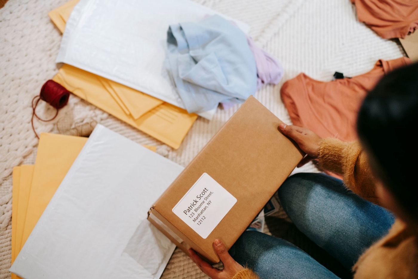 Overhead view of a person holding an addressed cardboard parcel surrounded by mailers and folded clothes