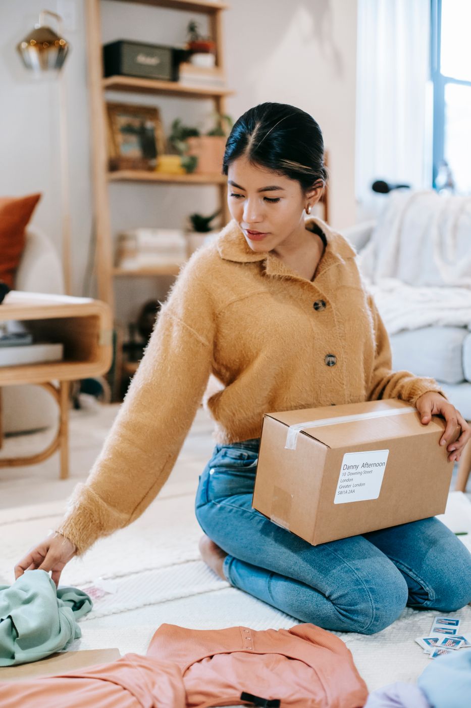 Woman kneeling on a rug holding a taped cardboard parcel with folded clothes spread out on the floor around her