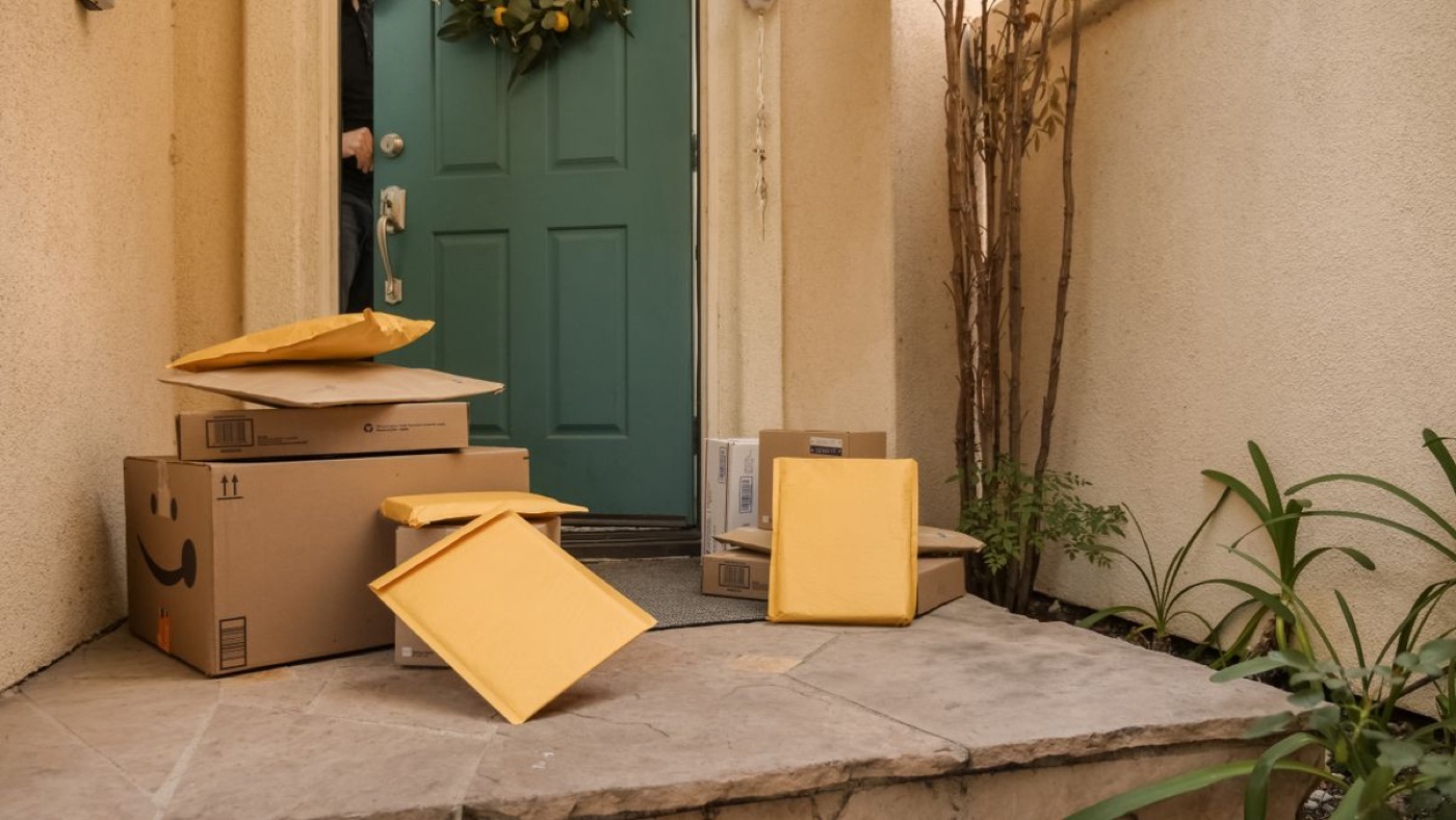 Cardboard boxes and yellow padded mailers piled at a front door with a teal door behind them